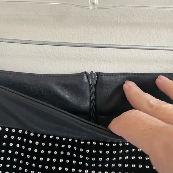 BLACK FAUX LEATHER PENCIL SKIRT SILVER STUDS FRINGE BACK ZIPPER HIDDEN WAIST - Picture 8 of 14